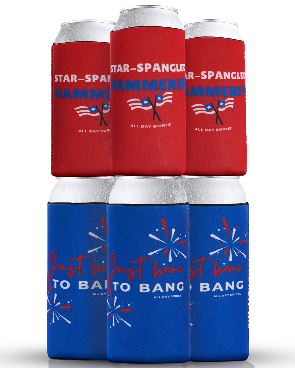 USA Skinny Can Sleeves 6 Pack - Insulated Neoprene Drink Holders - Fit Slim Spiked for Fourth of July (Just Here to Bang, Let's Get Hammered)