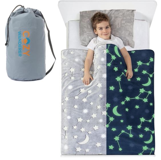 Kids Glow in The Dark Throw Blanket, Ultra-Soft Moon & Stars Gray Fleece Blanket