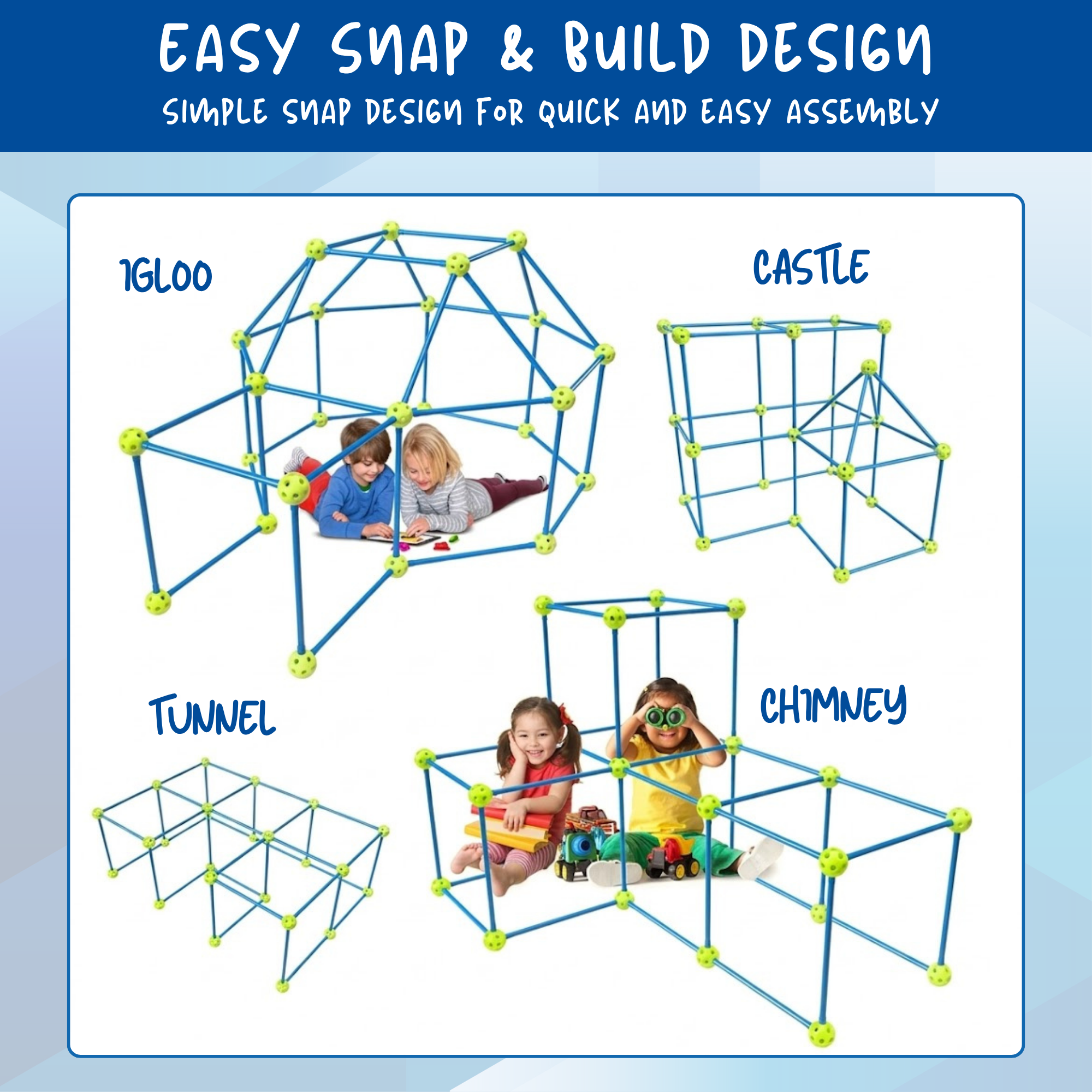 100PCS Kids Fort Building Kit DIY Toy Blue Green Creative Building Set Ages 4+