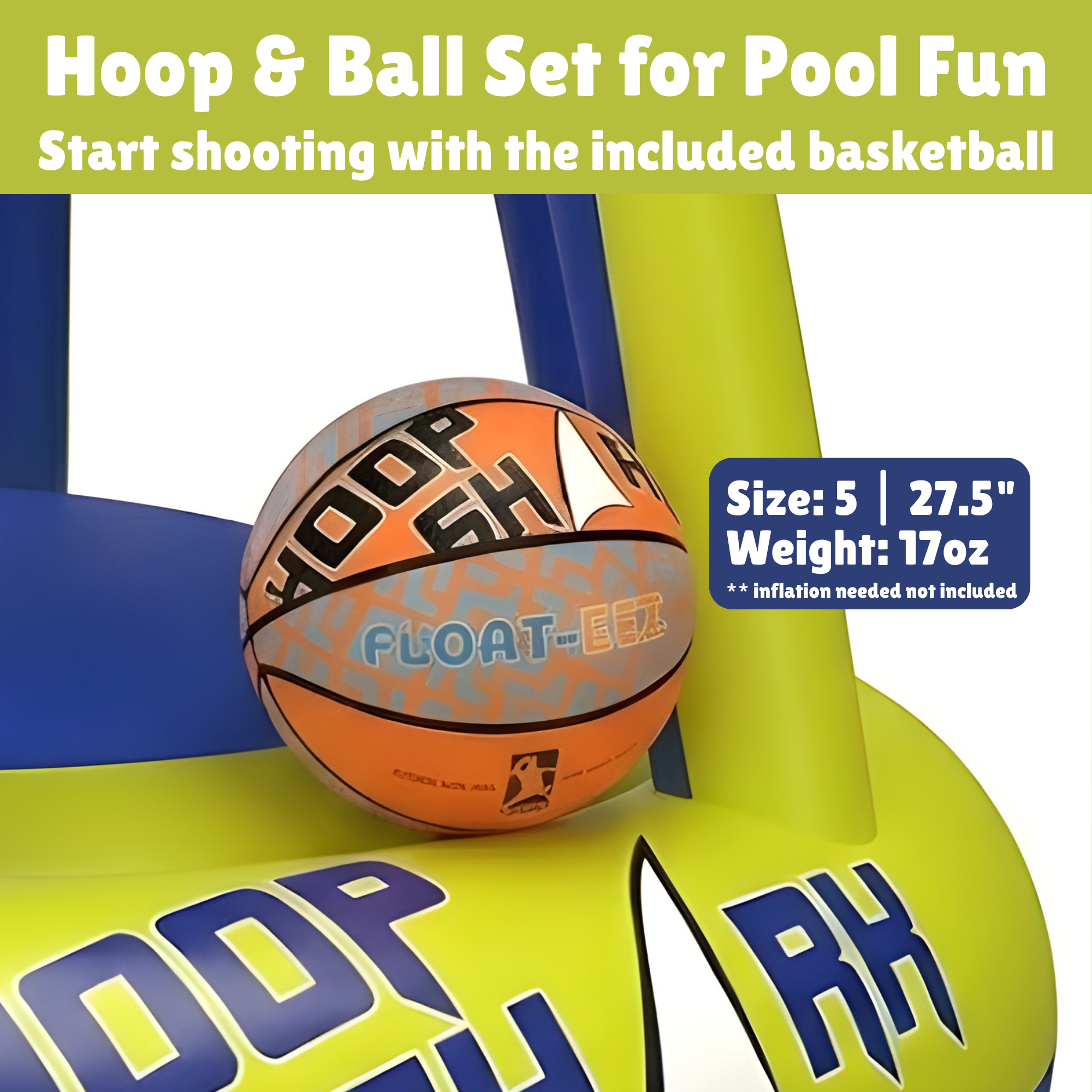 Hoop Shark Green Inflatable Pool Basketball Hoop w/ Ball Floating Set Toys Kids