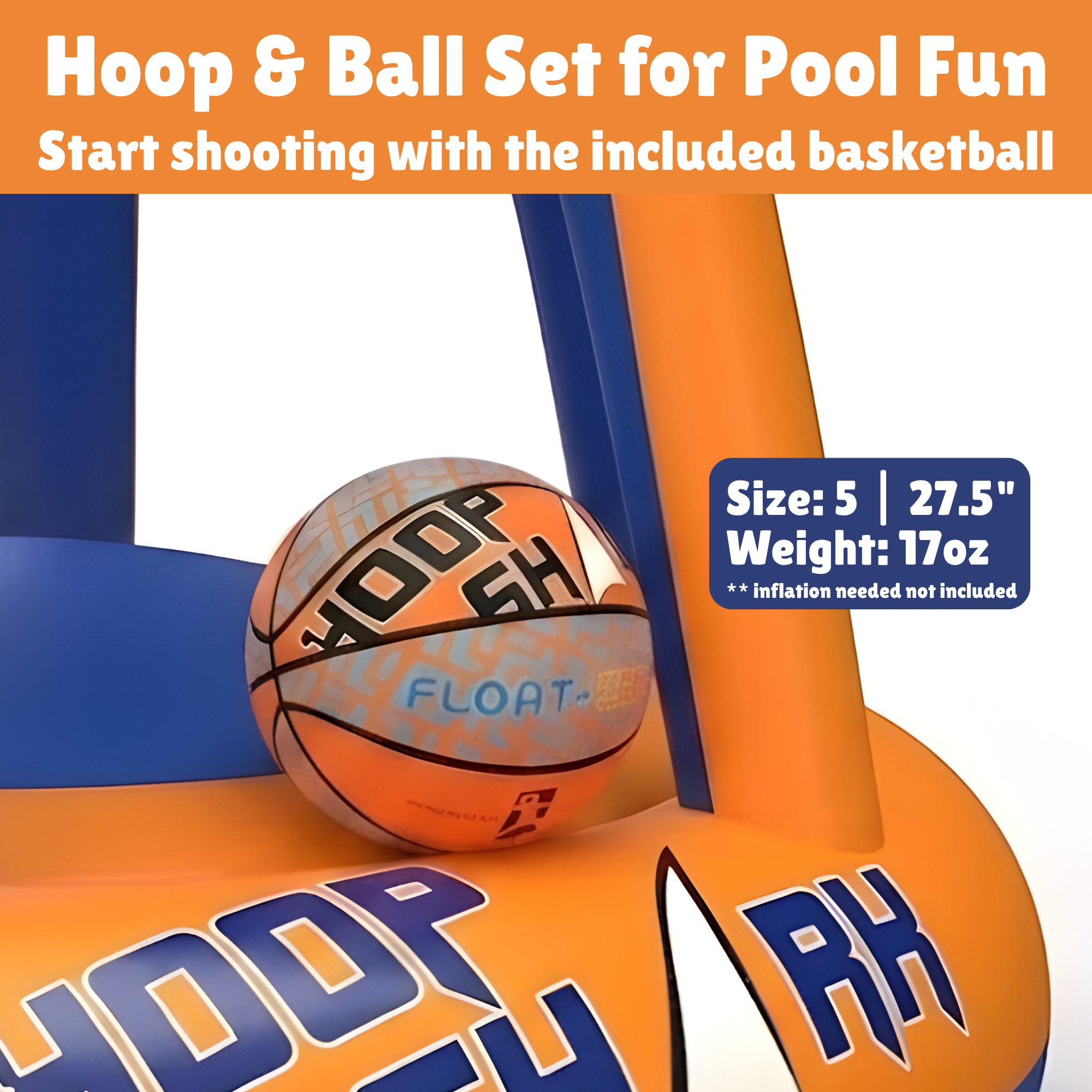 Hoop Shark Orange Inflatable Pool Basketball Hoop w/ Ball Floating Set Toys Kids