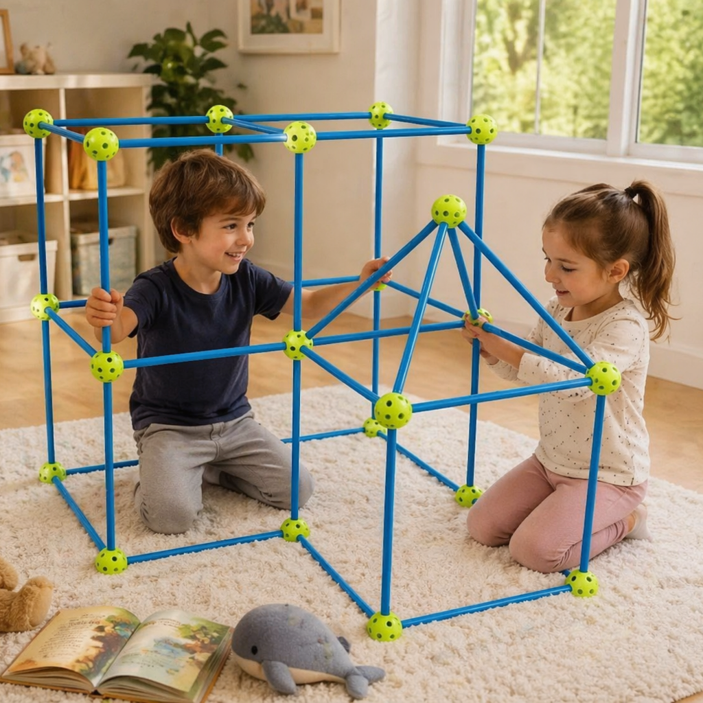 100PCS Kids Fort Building Kit DIY Toy Blue Green Creative Building Set Ages 4+