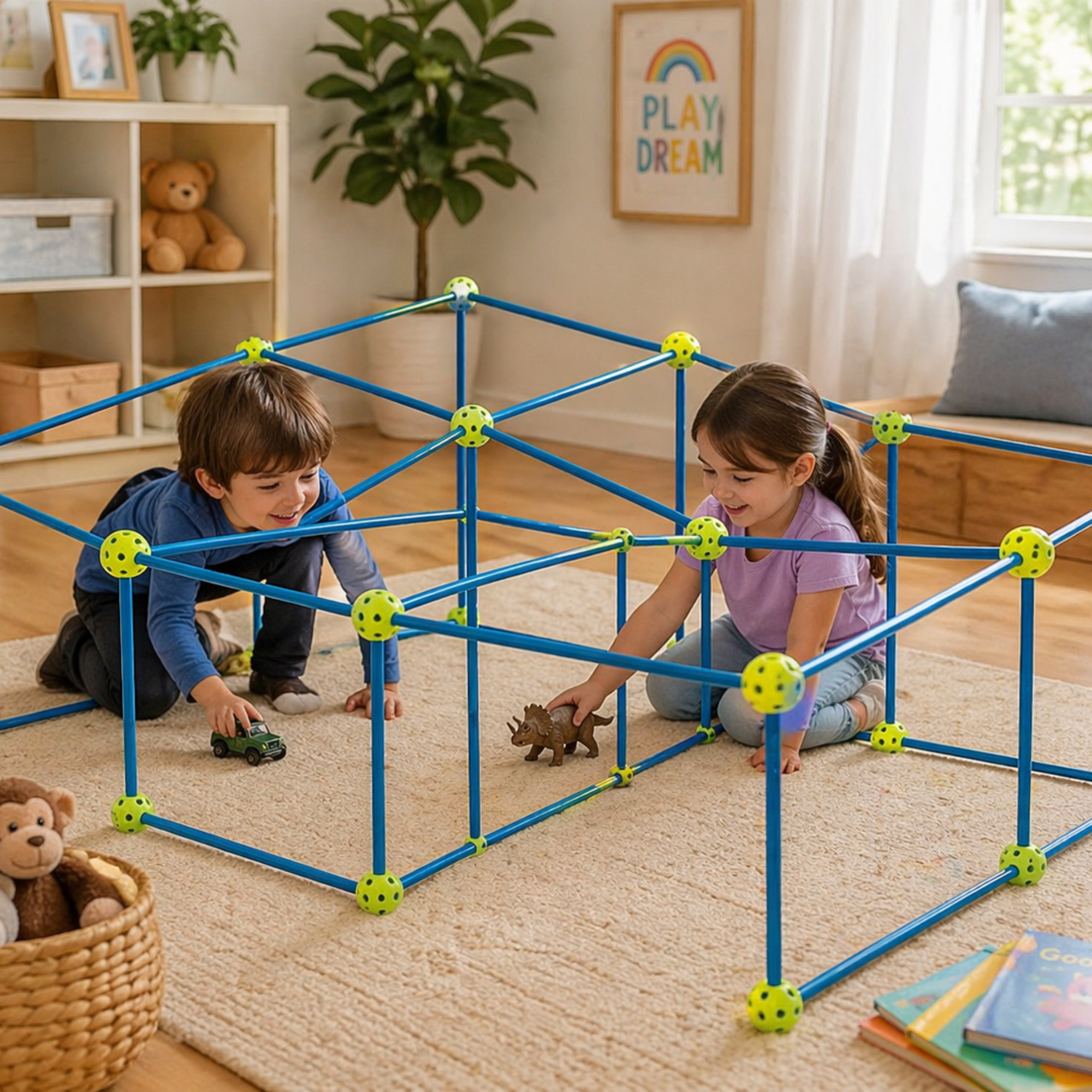 100PCS Kids Fort Building Kit DIY Toy Blue Green Creative Building Set Ages 4+
