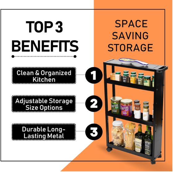 Slim Rolling Storage Cart with Wheels & Adjustable Shelving - 4 Tier Rolling Cart