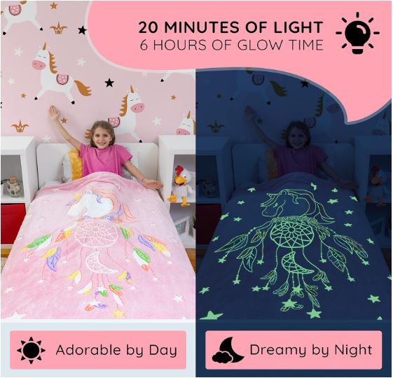 Glow in The Dark Soft Plush Pink Unicorn Throw Blanket, 50"x 60" - Pink