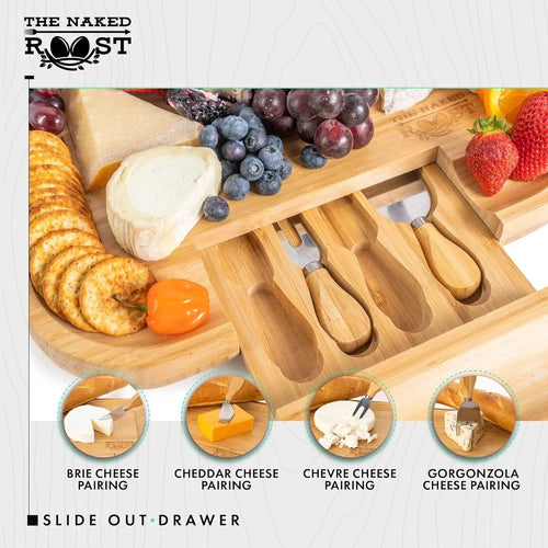 Bamboo Cheese Board And Knife Set - Charcuterie Tray with Handles & Drawer