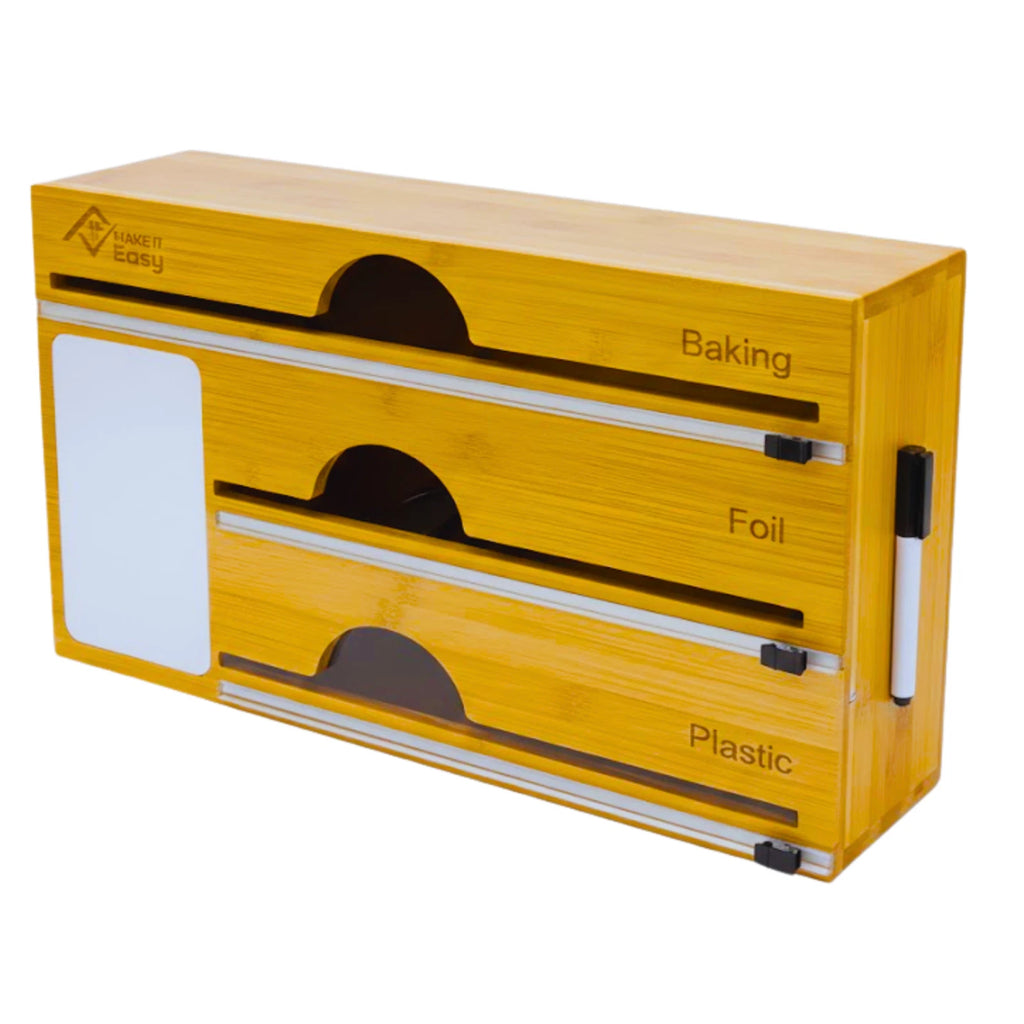 Bamboo Food Wrap Dispenser Plastic Foil Organizer w/ Slide Cutter