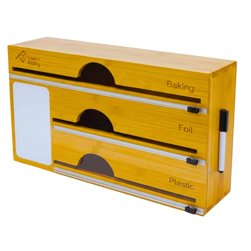 Bamboo Food Wrap Dispenser Plastic Foil Organizer w/ Slide Cutter