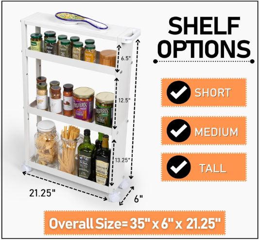 Slim Rolling Storage Cart with Wheels & Adjustable Shelving - 4 Tier Rolling Cart