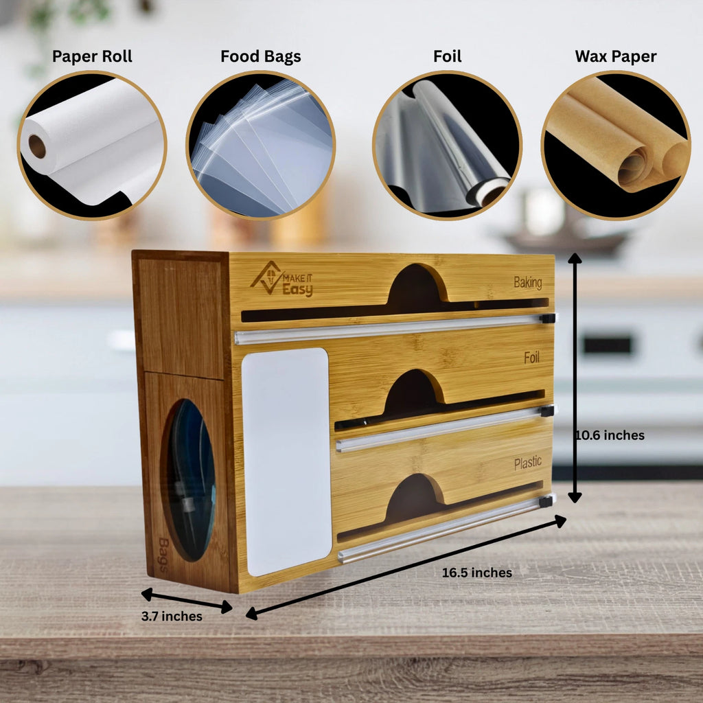 Bamboo Food Wrap Dispenser Plastic Foil Organizer w/ Slide Cutter