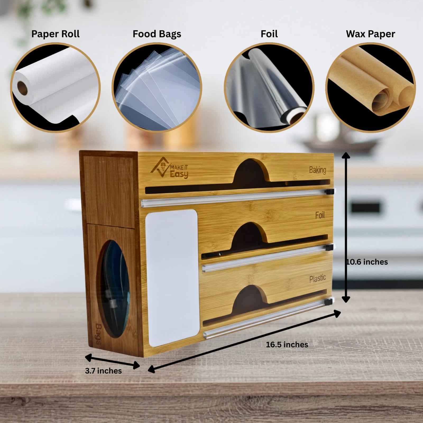 Bamboo Food Wrap Dispenser Plastic Foil Organizer w/ Slide Cutter