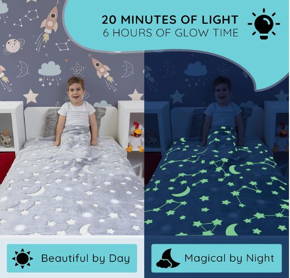 Kids Glow in The Dark Throw Blanket, Ultra-Soft Moon & Stars Gray Fleece Blanket