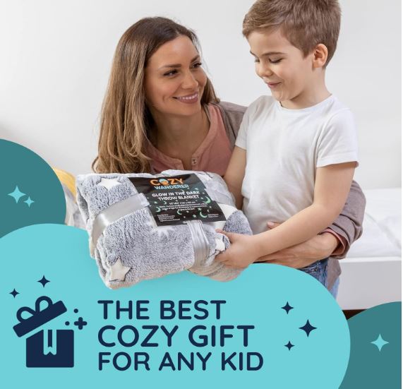 Kids Glow in The Dark Throw Blanket, Ultra-Soft Moon & Stars Gray Fleece Blanket
