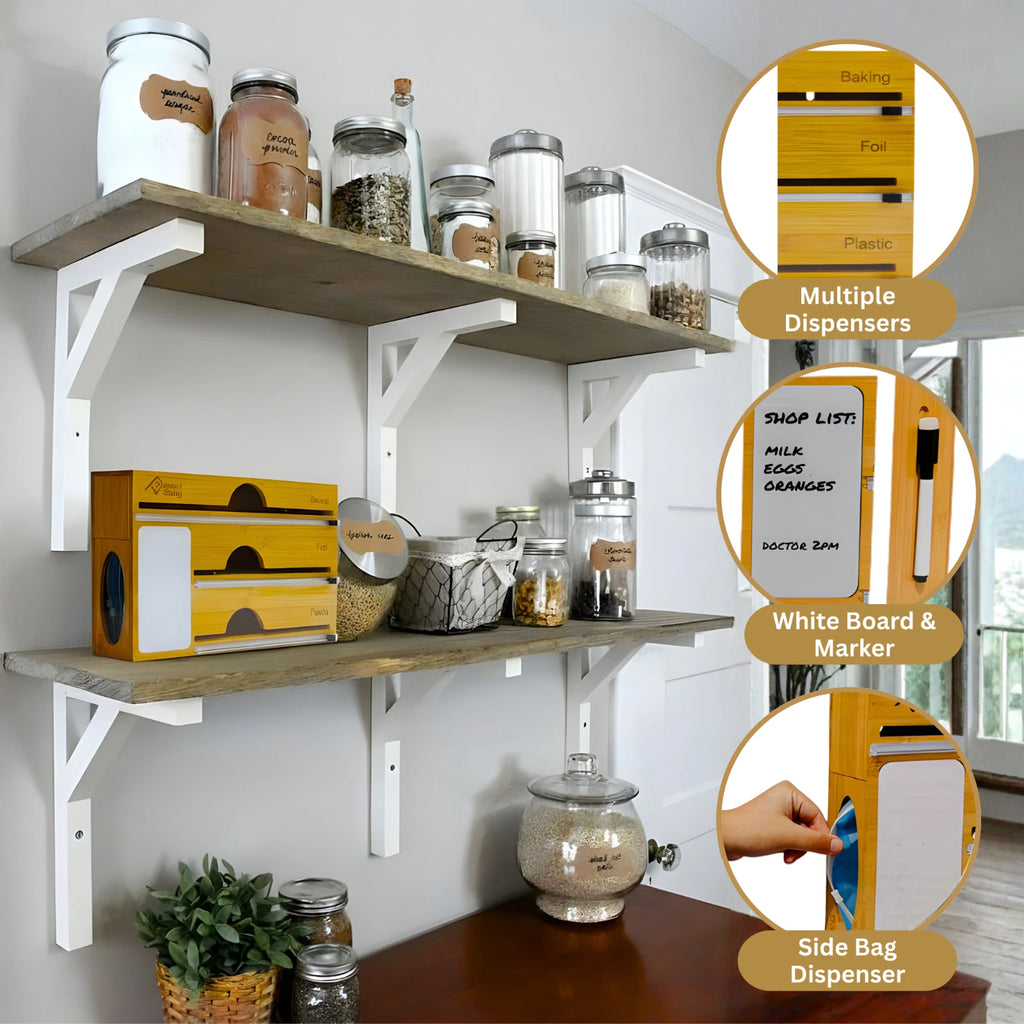 Bamboo Food Wrap Dispenser Plastic Foil Organizer w/ Slide Cutter