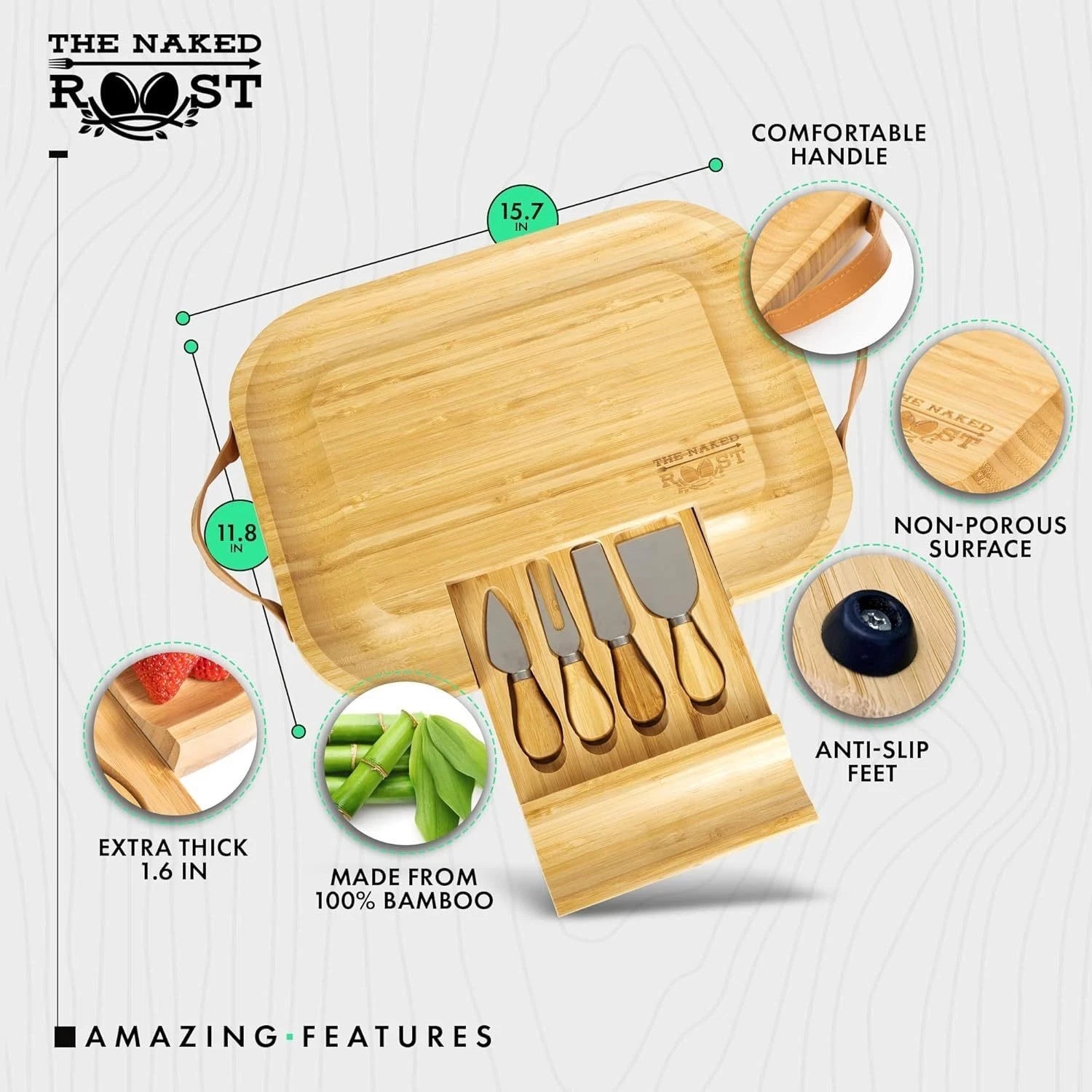Bamboo Cheese Board And Knife Set - Charcuterie Tray with Handles & Drawer