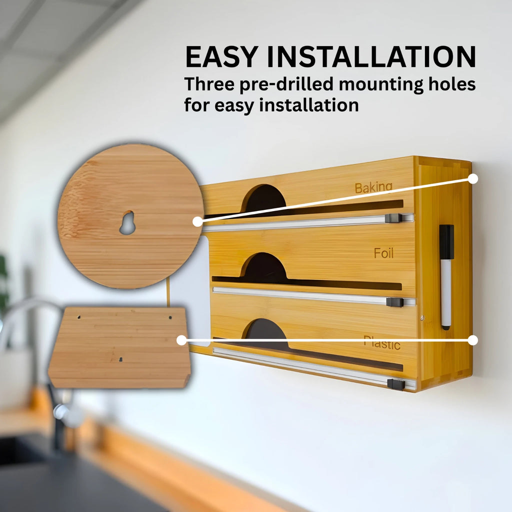 Bamboo Food Wrap Dispenser Plastic Foil Organizer w/ Slide Cutter