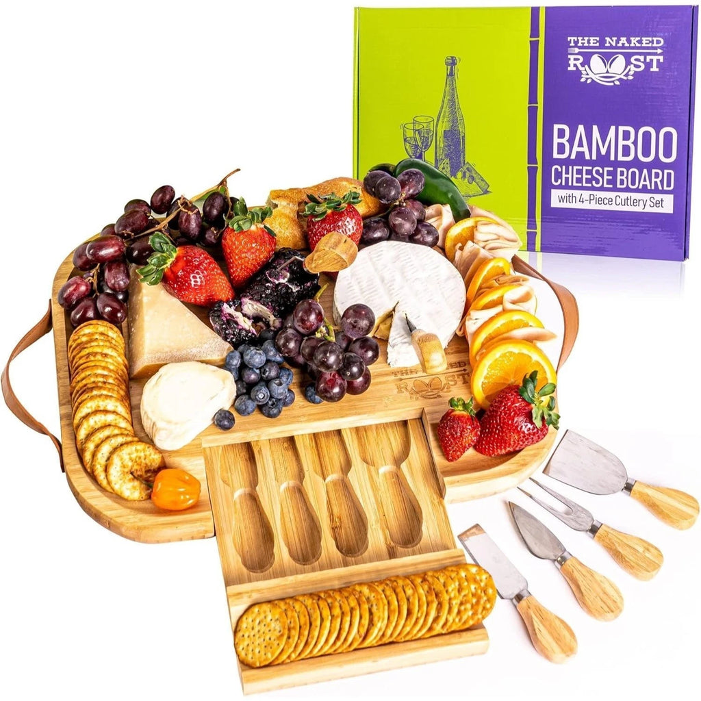 Bamboo Cheese Board And Knife Set - Charcuterie Tray with Handles & Drawer