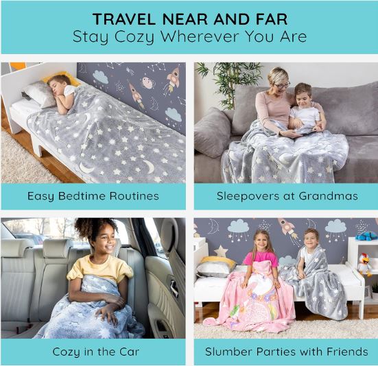 Kids Glow in The Dark Throw Blanket, Ultra-Soft Moon & Stars Gray Fleece Blanket