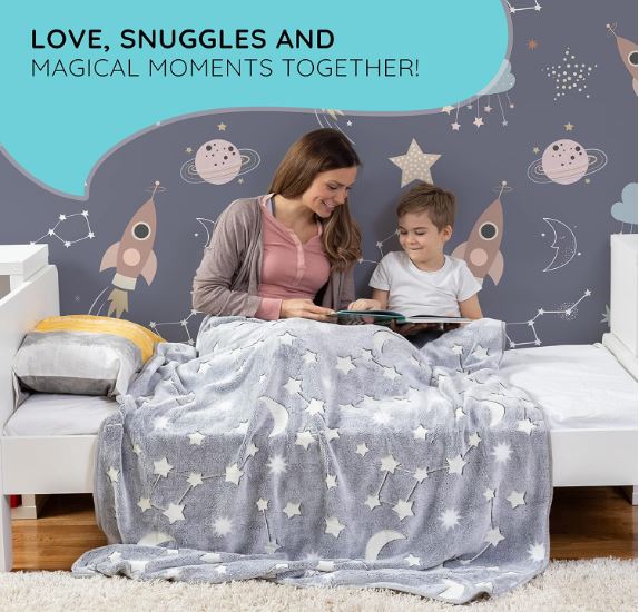 Kids Glow in The Dark Throw Blanket, Ultra-Soft Moon & Stars Gray Fleece Blanket