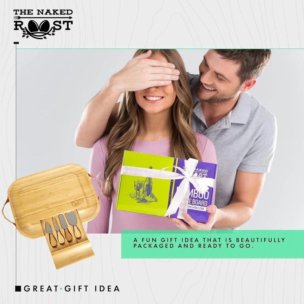 Bamboo Cheese Board And Knife Set - Charcuterie Tray with Handles & Drawer