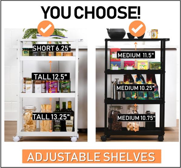 Slim Rolling Storage Cart with Wheels & Adjustable Shelving - 4 Tier Rolling Cart