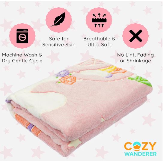 Glow in The Dark Soft Plush Pink Unicorn Throw Blanket, 50"x 60" - Pink
