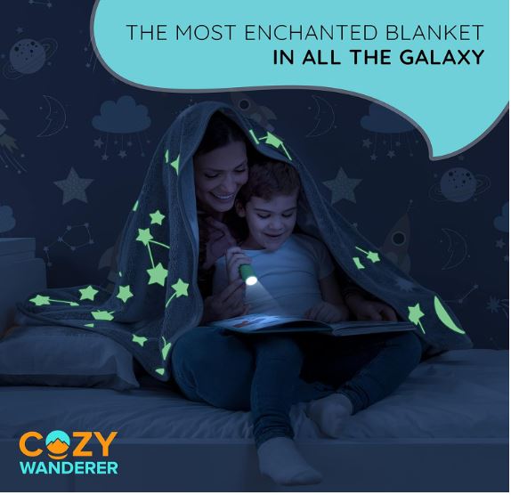Kids Glow in The Dark Throw Blanket, Ultra-Soft Moon & Stars Gray Fleece Blanket