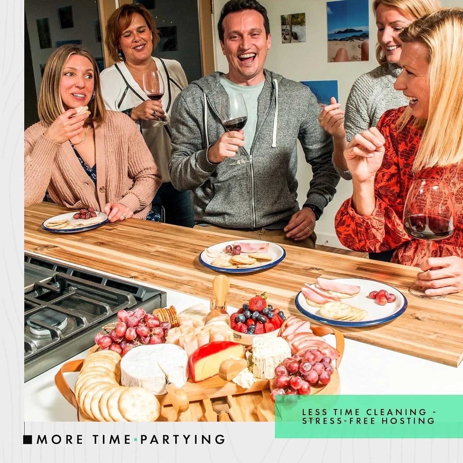 Bamboo Cheese Board And Knife Set - Charcuterie Tray with Handles & Drawer