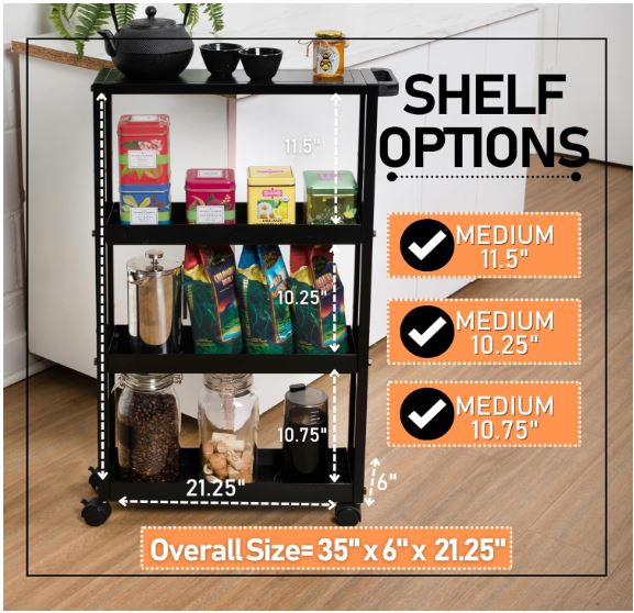 Slim Rolling Storage Cart with Wheels & Adjustable Shelving - 4 Tier Rolling Cart