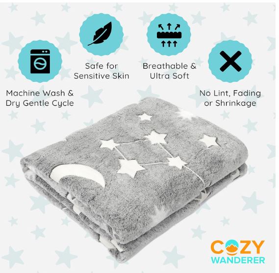 Kids Glow in The Dark Throw Blanket, Ultra-Soft Moon & Stars Gray Fleece Blanket