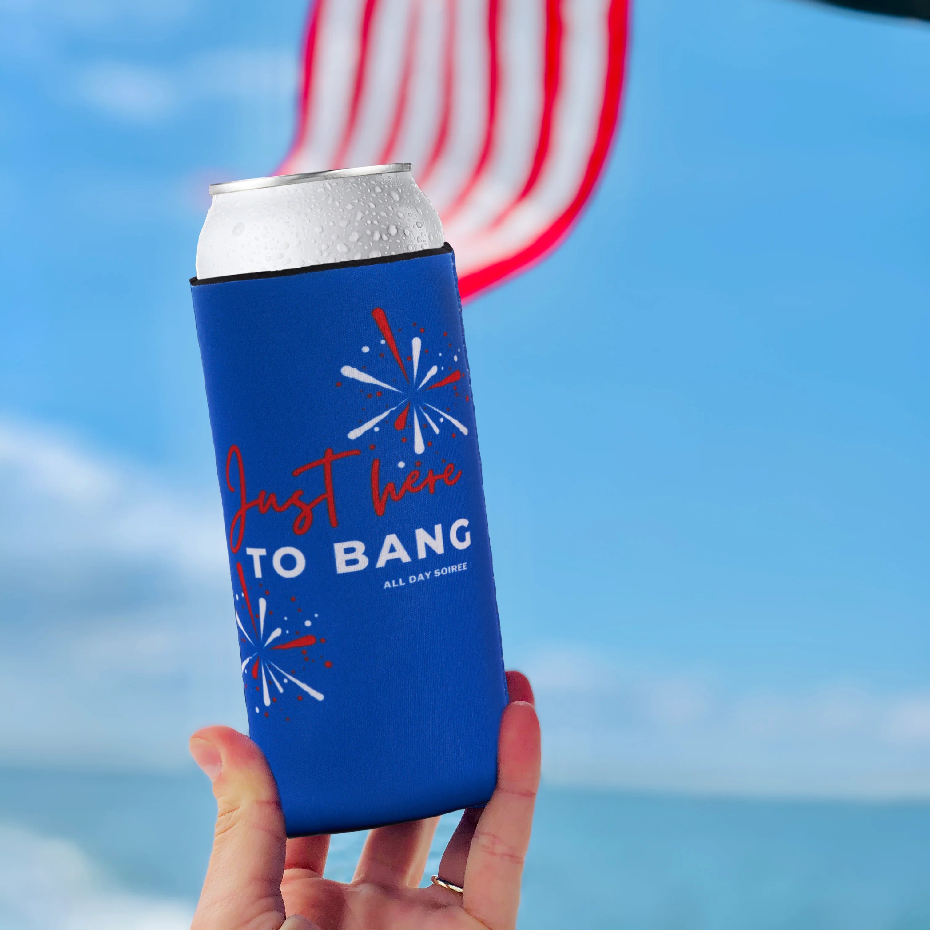 USA Skinny Can Sleeves 6 Pack - Insulated Neoprene Drink Holders - Fit Slim Spiked for Fourth of July (Just Here to Bang, Let's Get Hammered)