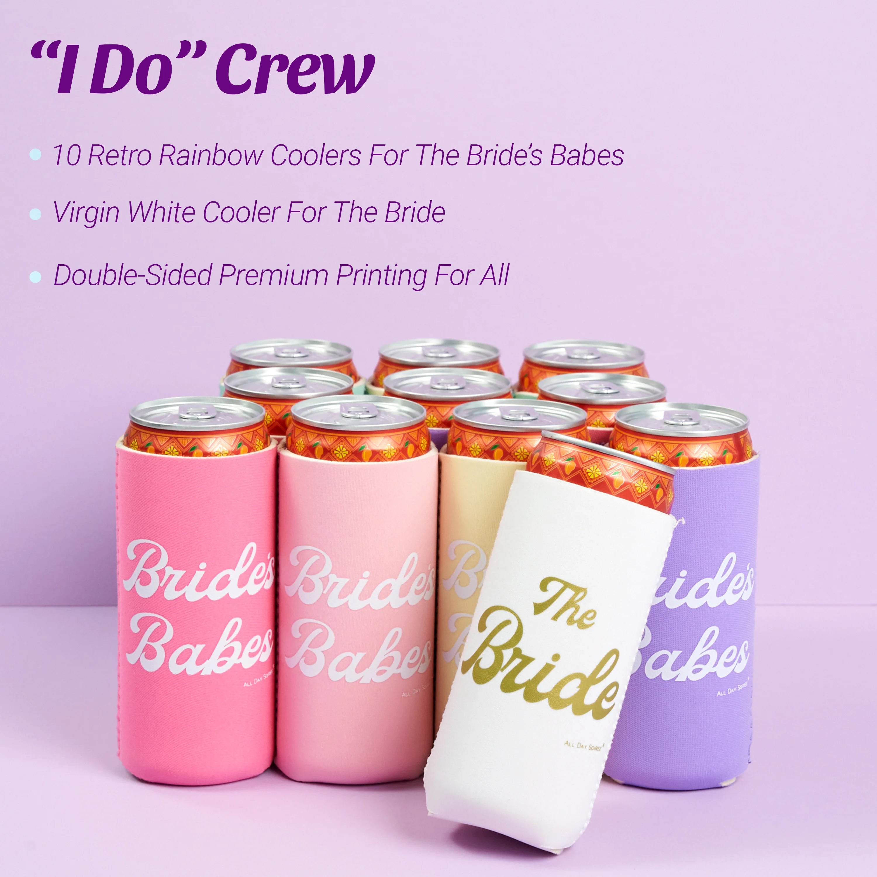 Bride's Babes Bachelorette Party Skinny Can Sleeves 11 Pack - Insulated Neoprene Drink Holders (Retro Rainbow)
