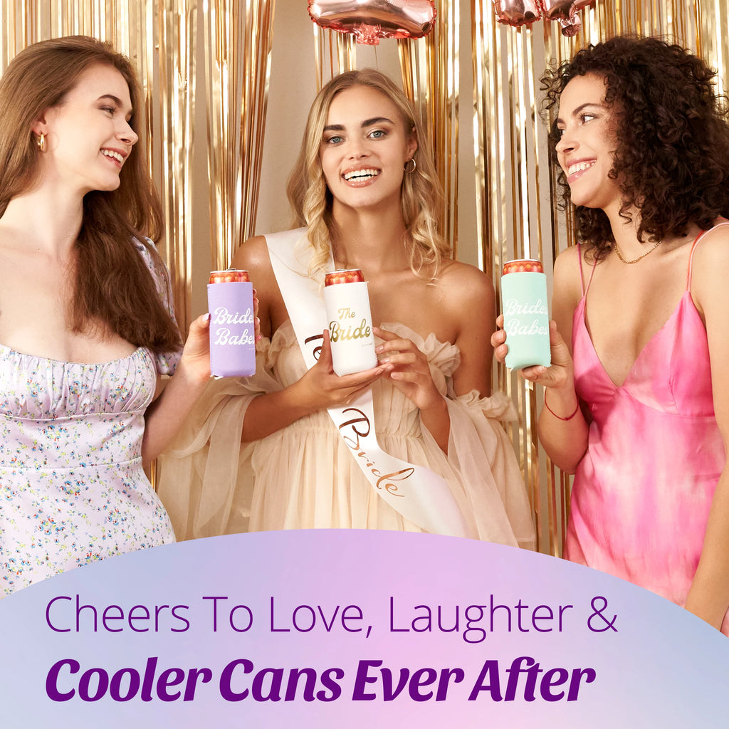 Bride's Babes Bachelorette Party Skinny Can Sleeves 11 Pack - Insulated Neoprene Drink Holders (Retro Rainbow)