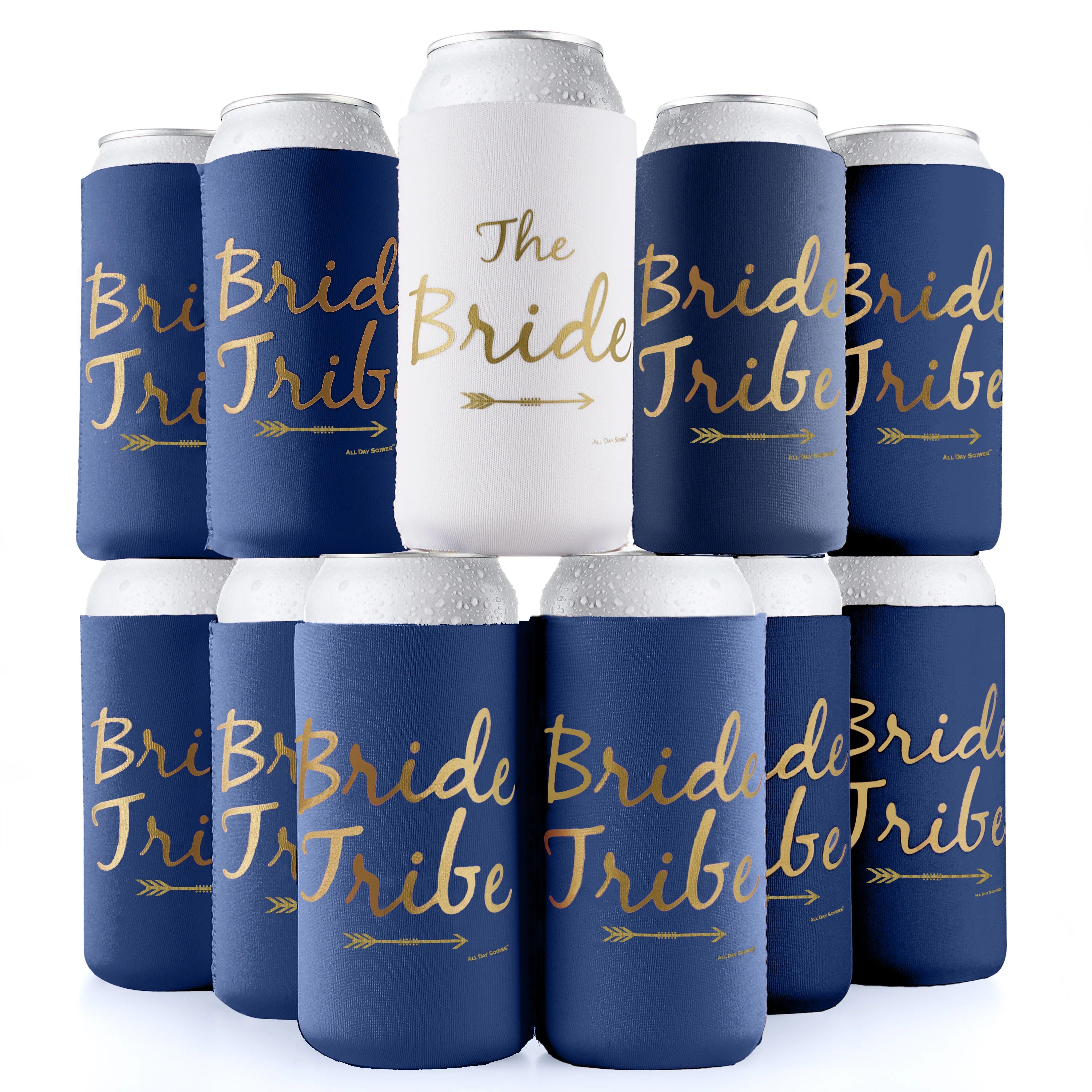 Bride Tribe Bachelorette Party Skinny Can Sleeves - Insulated Neoprene Drink Holders (Navy Blue)