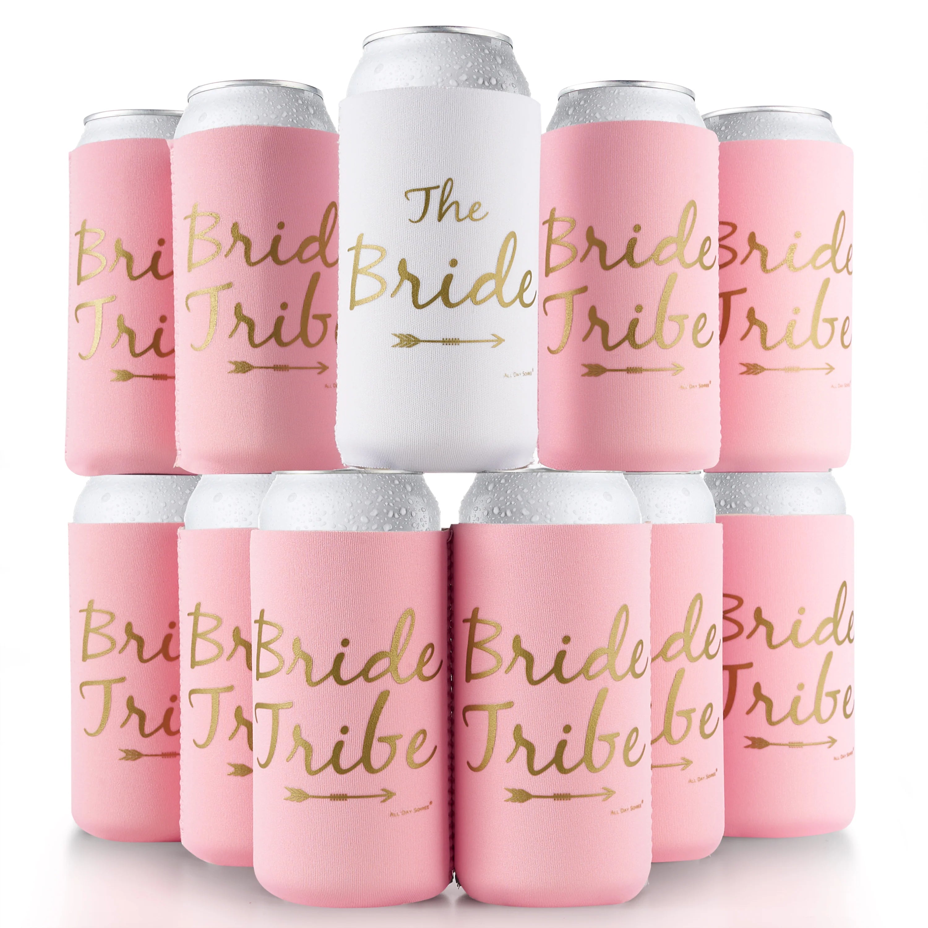 Bride Tribe Bachelorette Party Premium Skinny Can Sleeves - Insulated Neoprene Drink Holders (Pink)