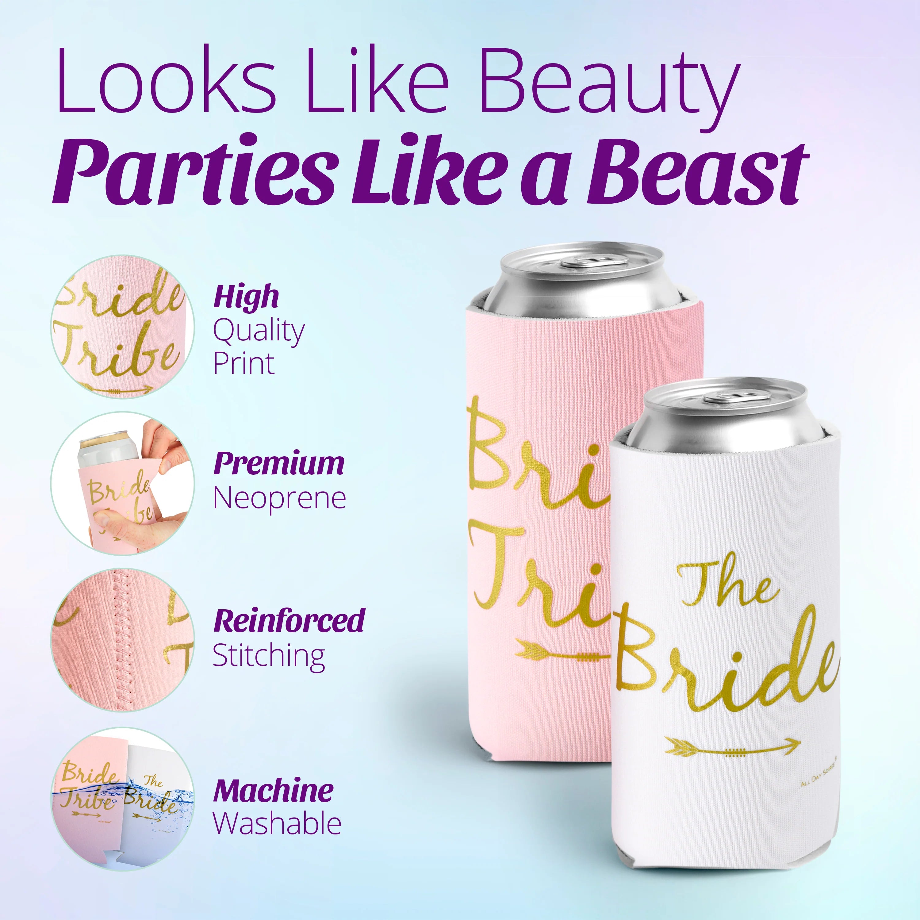 Bride Tribe Bachelorette Party Premium Skinny Can Sleeves - Insulated Neoprene Drink Holders (Pink)