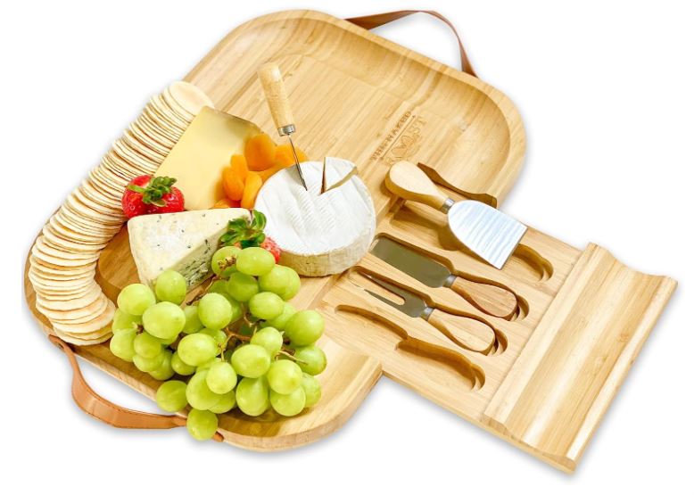 Bamboo Cheese Board And Knife Set- Wooden Charcuterie Tray with Leather Handles and Slide Out Drawer