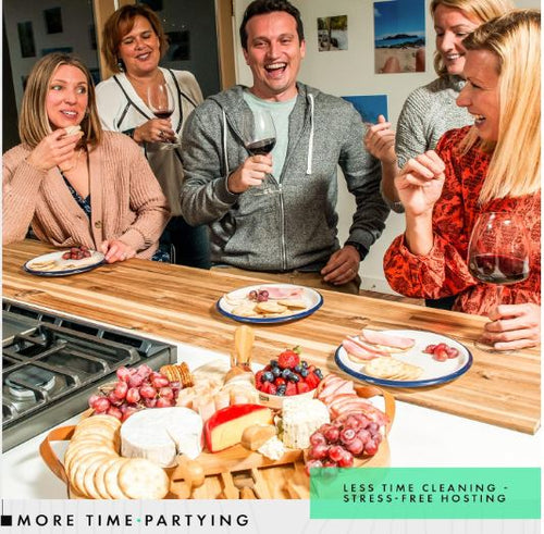 Bamboo Cheese Board And Knife Set- Wooden Charcuterie Tray with Leather Handles and Slide Out Drawer