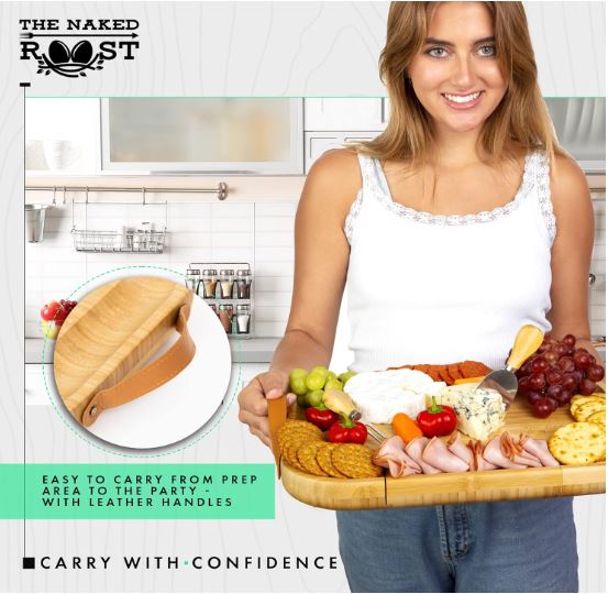Bamboo Cheese Board And Knife Set- Wooden Charcuterie Tray with Leather Handles and Slide Out Drawer