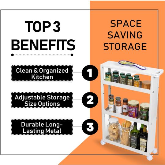 Slim Rolling Storage Cart with Wheels & Adjustable Shelving - 4 Tier Rolling Cart