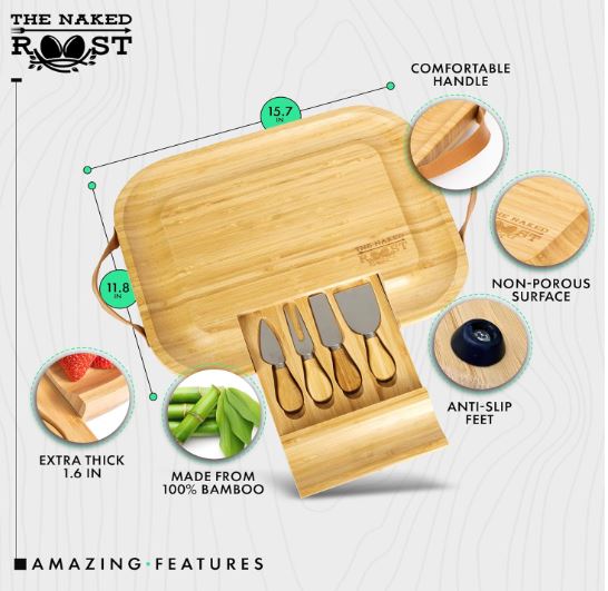 Bamboo Cheese Board And Knife Set- Wooden Charcuterie Tray with Leather Handles and Slide Out Drawer