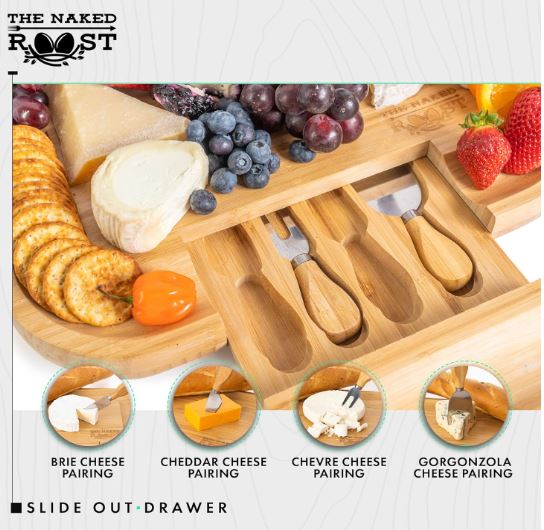 Bamboo Cheese Board And Knife Set- Wooden Charcuterie Tray with Leather Handles and Slide Out Drawer