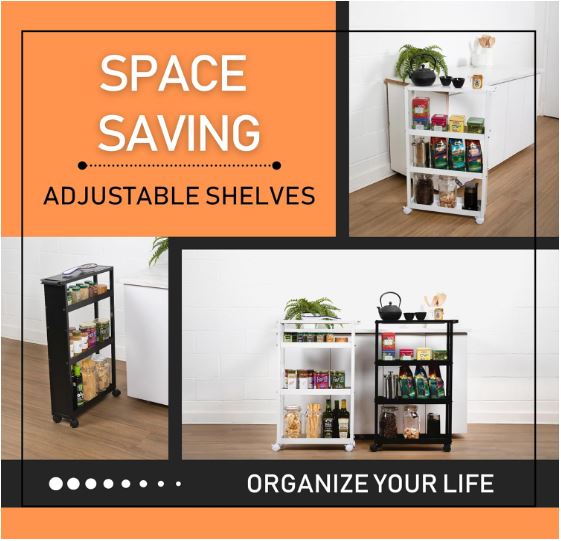 Slim Rolling Storage Cart with Wheels & Adjustable Shelving - 4 Tier Rolling Cart