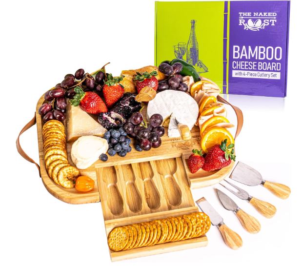 Bamboo Cheese Board And Knife Set- Wooden Charcuterie Tray with Leather Handles and Slide Out Drawer