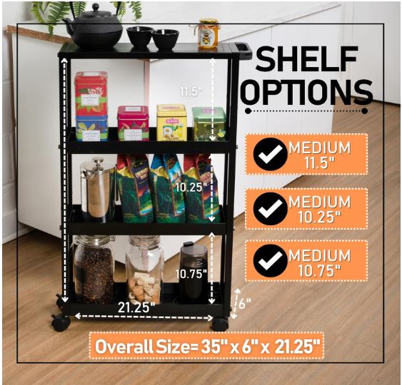 Slim Rolling Storage Cart with Wheels & Adjustable Shelving - 4 Tier Rolling Cart