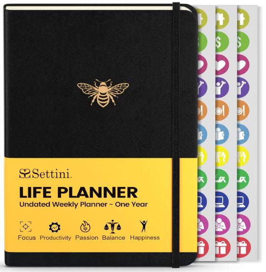Settini Undated Weekly Life Planner w/ Stickers, Pocket, Vegan Leather - 8.5x5.5