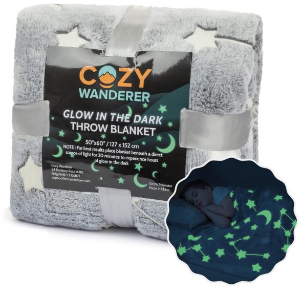 Kids Glow in The Dark Throw Blanket, Ultra-Soft Moon & Stars Gray Fleece Blanket