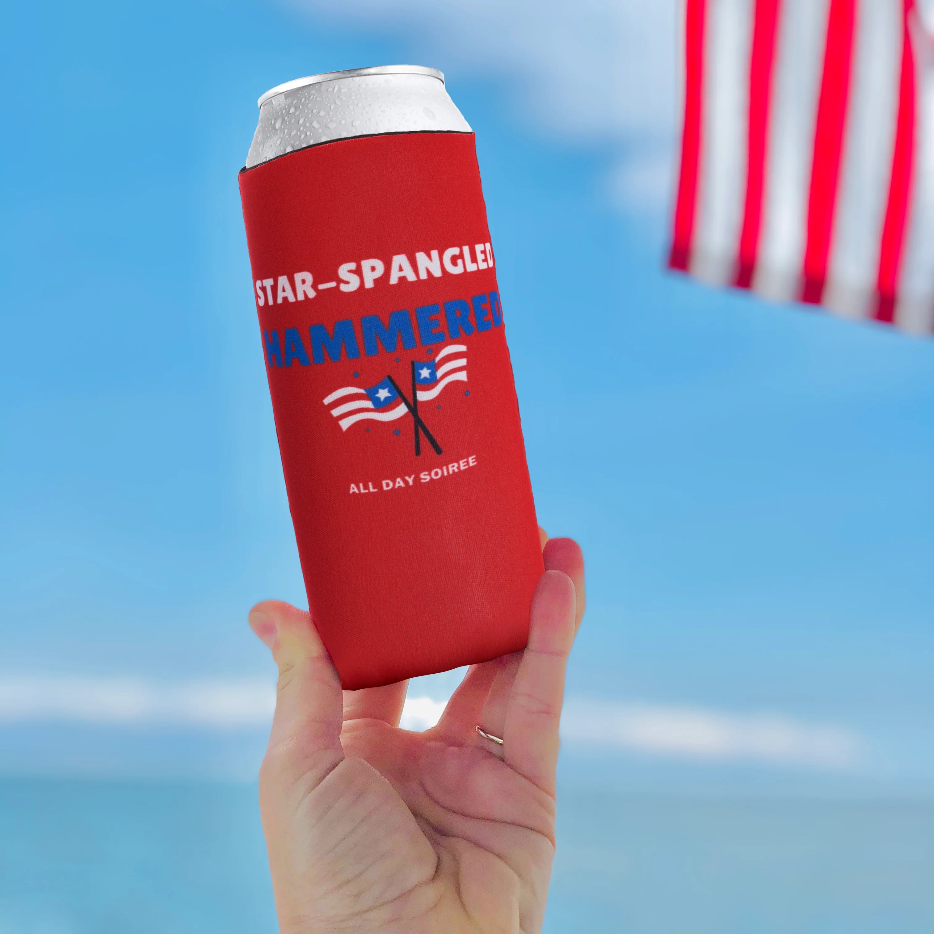 USA Skinny Can Sleeves 6 Pack - Insulated Neoprene Drink Holders - Fit Slim Spiked for Fourth of July (Just Here to Bang, Let's Get Hammered)