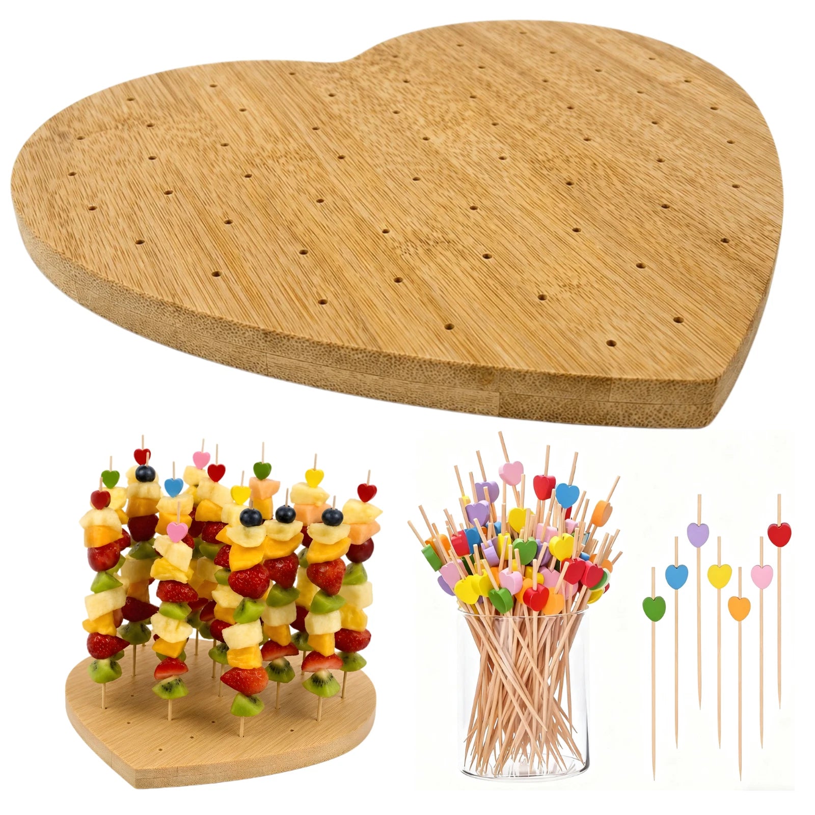 Heart Shaped Wooden Skewer Board Food Appetizer Holder Stand w/ 59 Skewers