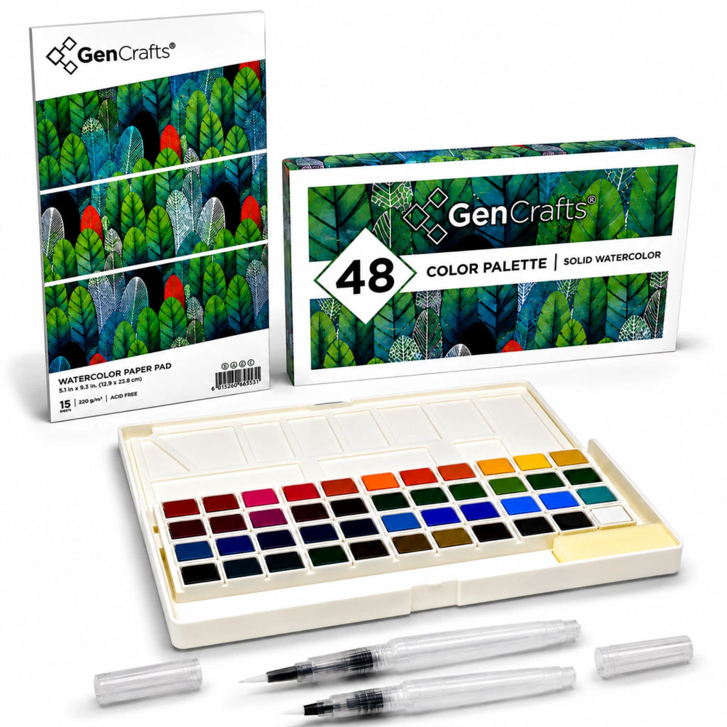 GenCrafts 48 Color Watercolor Paint Set w/ 15-Sheet Paper Pad & 2 Brush Pens